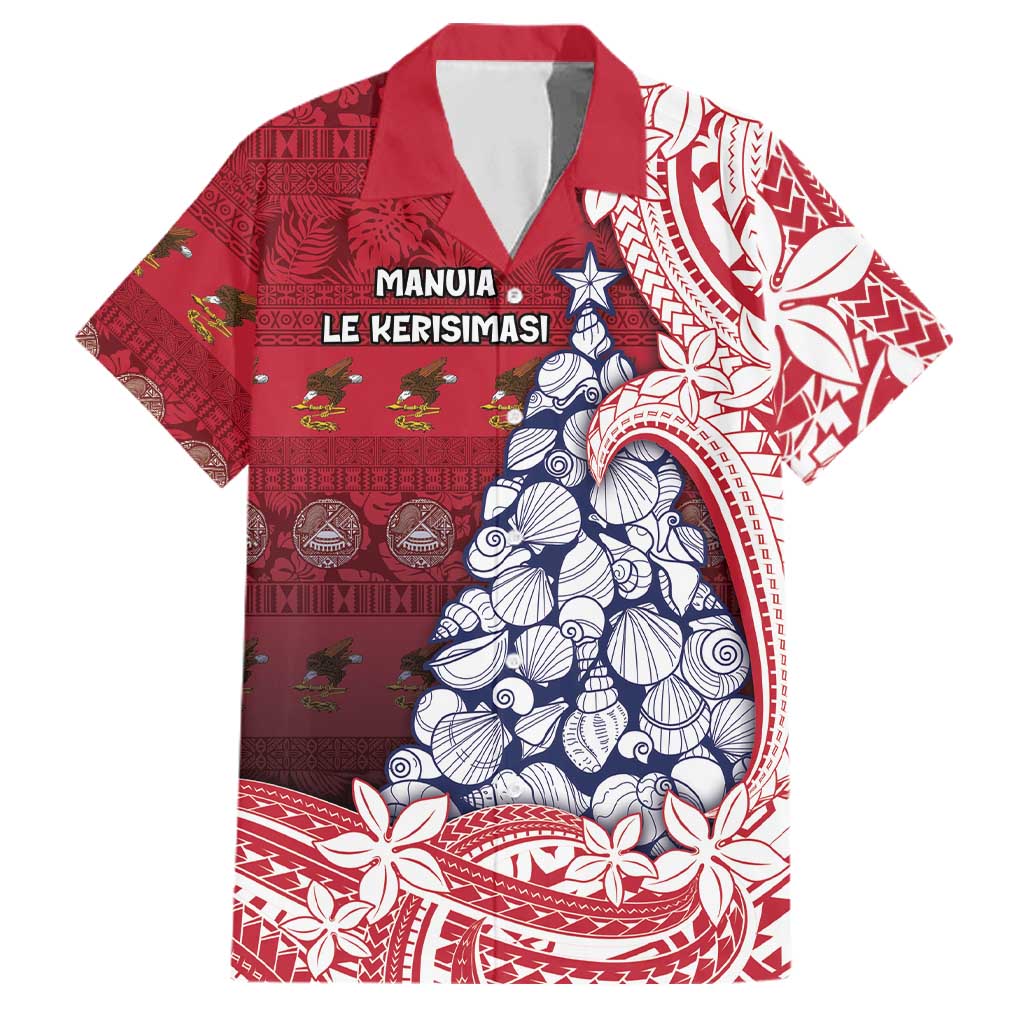 American Samoa Christmas Family Matching Off Shoulder Maxi Dress and Hawaiian Shirt Seashell Xmas Tree Tribal Waves DT05 Dad's Shirt - Short Sleeve Red - Polynesian Pride