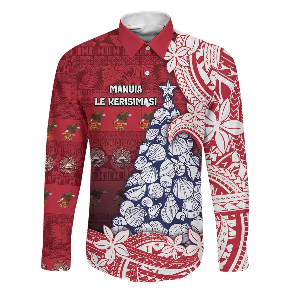 American Samoa Christmas Family Matching Off Shoulder Maxi Dress and Hawaiian Shirt Seashell Xmas Tree Tribal Waves DT05 Dad's Shirt - Long Sleeve Red - Polynesian Pride
