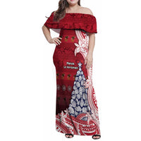 American Samoa Christmas Family Matching Off Shoulder Maxi Dress and Hawaiian Shirt Seashell Xmas Tree Tribal Waves DT05 Mom's Dress Red - Polynesian Pride