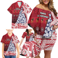 American Samoa Christmas Family Matching Off Shoulder Short Dress and Hawaiian Shirt Seashell Xmas Tree Tribal Waves DT05 - Polynesian Pride