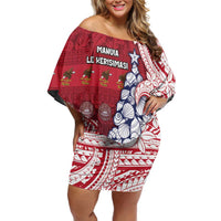 American Samoa Christmas Family Matching Off Shoulder Short Dress and Hawaiian Shirt Seashell Xmas Tree Tribal Waves DT05 Mom's Dress Red - Polynesian Pride