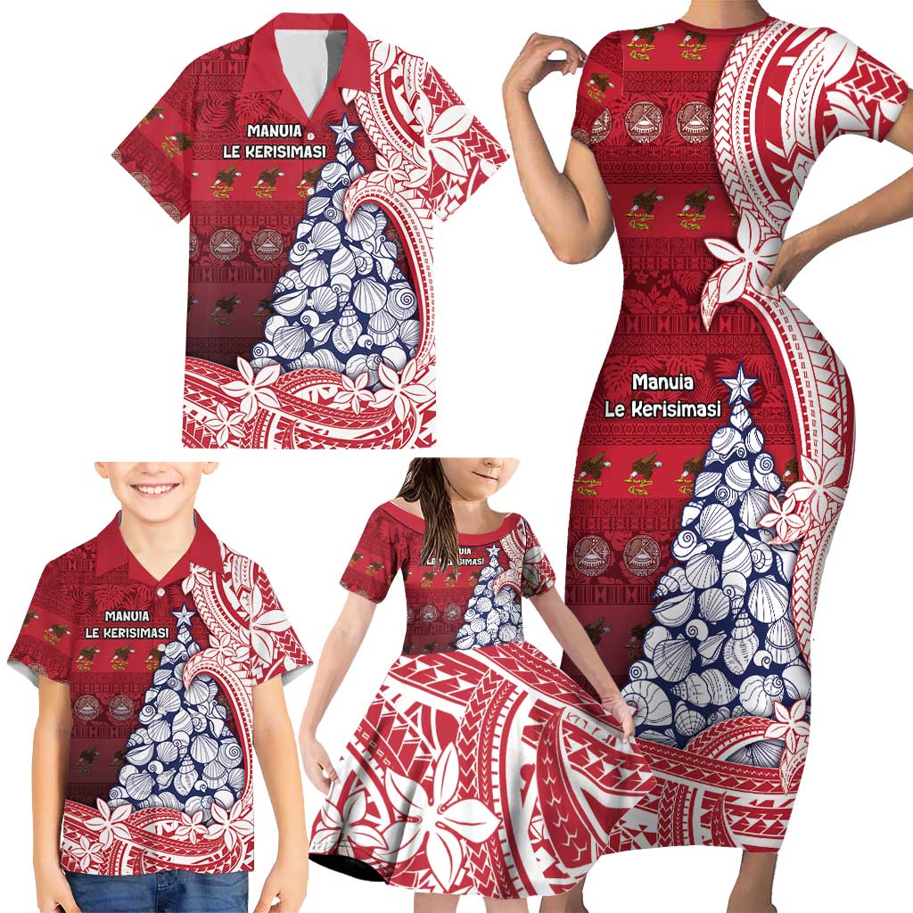 American Samoa Christmas Family Matching Short Sleeve Bodycon Dress and Hawaiian Shirt Seashell Xmas Tree Tribal Waves - Polynesian Pride