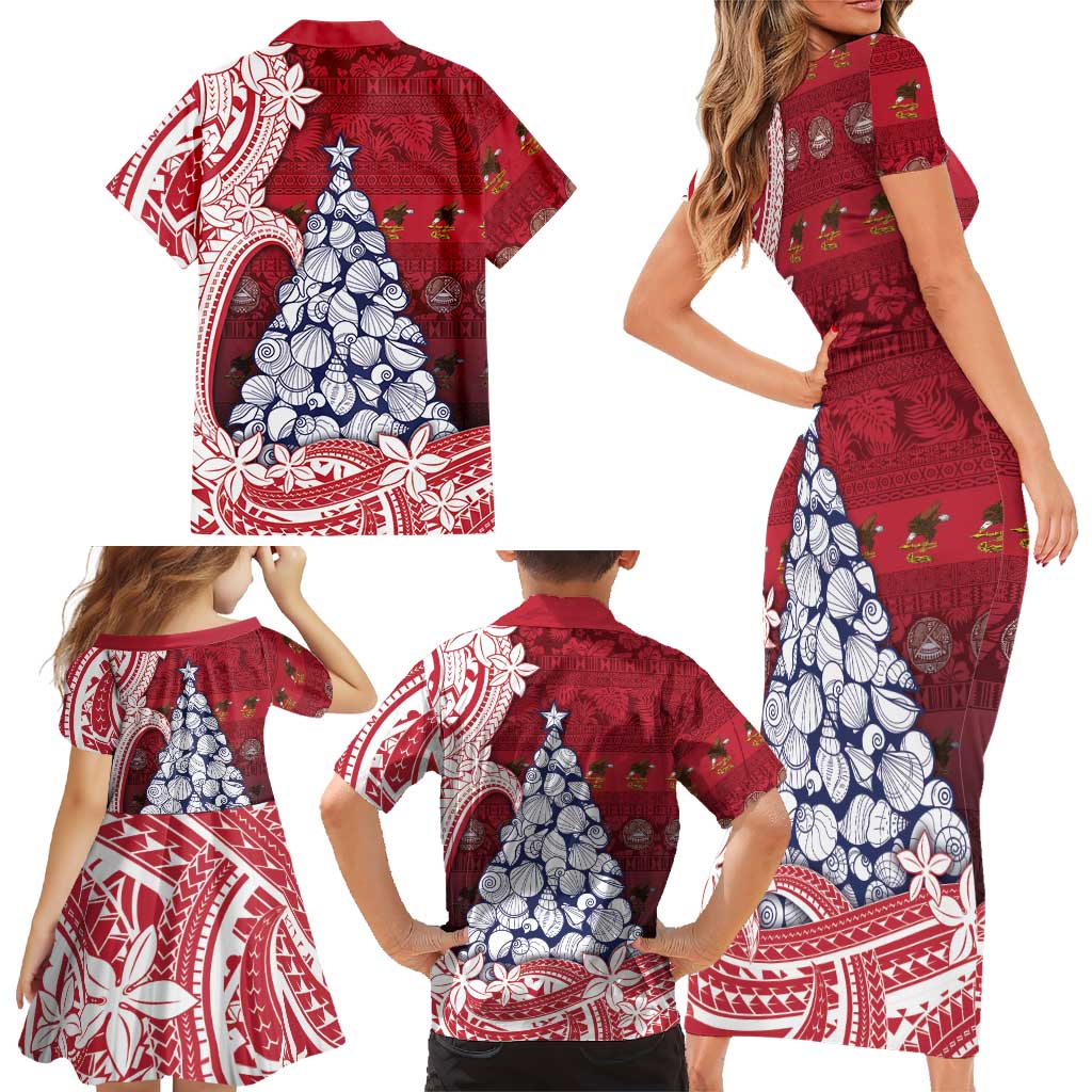American Samoa Christmas Family Matching Short Sleeve Bodycon Dress and Hawaiian Shirt Seashell Xmas Tree Tribal Waves DT05 - Polynesian Pride