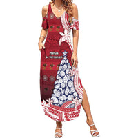 American Samoa Christmas Family Matching Summer Maxi Dress and Hawaiian Shirt Seashell Xmas Tree Tribal Waves DT05 Mom's Dress Red - Polynesian Pride