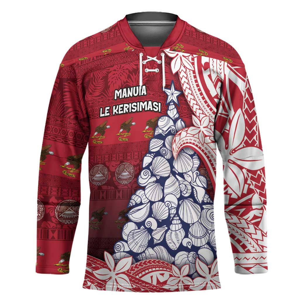American Samoa Christmas Hockey Jersey Seashell Xmas Tree Tribal Waves - Polynesian Pride
