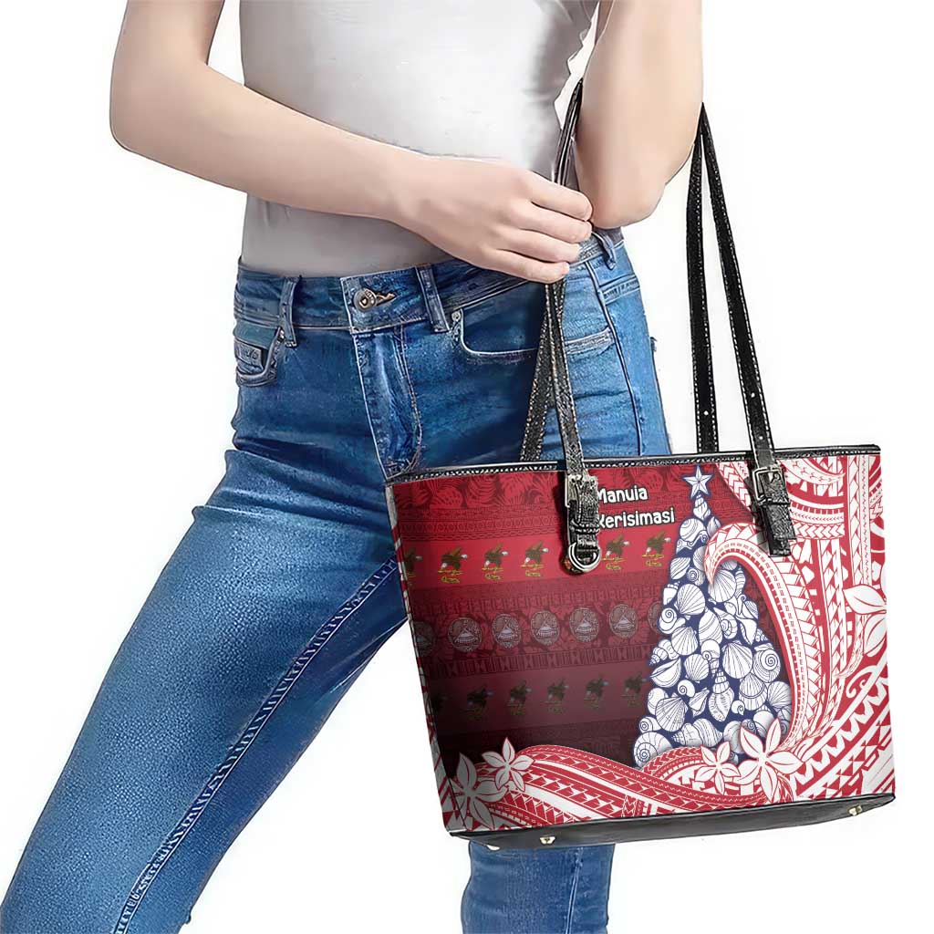 American Samoa Christmas Leather Tote Bag Seashell Xmas Tree Tribal Waves - Polynesian Pride