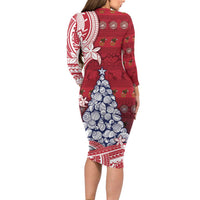 American Samoa Christmas Long Sleeve Bodycon Dress Seashell Xmas Tree Tribal Waves - Polynesian Pride