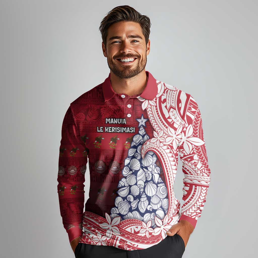 American Samoa Christmas Long Sleeve Polo Shirt Seashell Xmas Tree Tribal Waves - Polynesian Pride