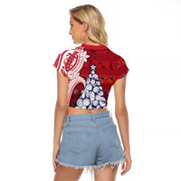 American Samoa Christmas Raglan Cropped T Shirt Seashell Xmas Tree Tribal Waves DT05 - Polynesian Pride