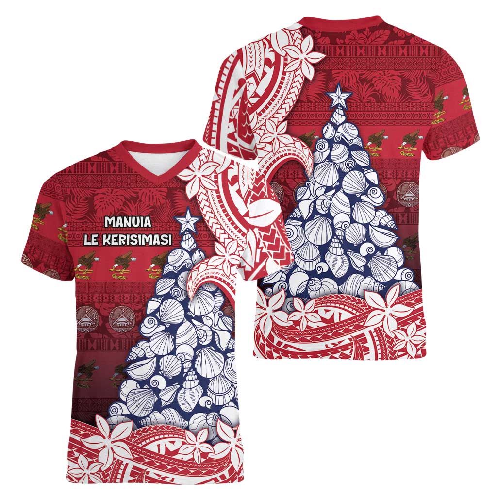 American Samoa Christmas Women V-Neck T-Shirt Seashell Xmas Tree Tribal Waves - Polynesian Pride