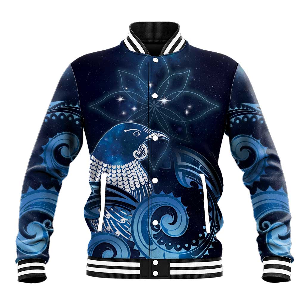 New Zealand Matariki Baseball Jacket Maori Tui Bird Blue Galaxy