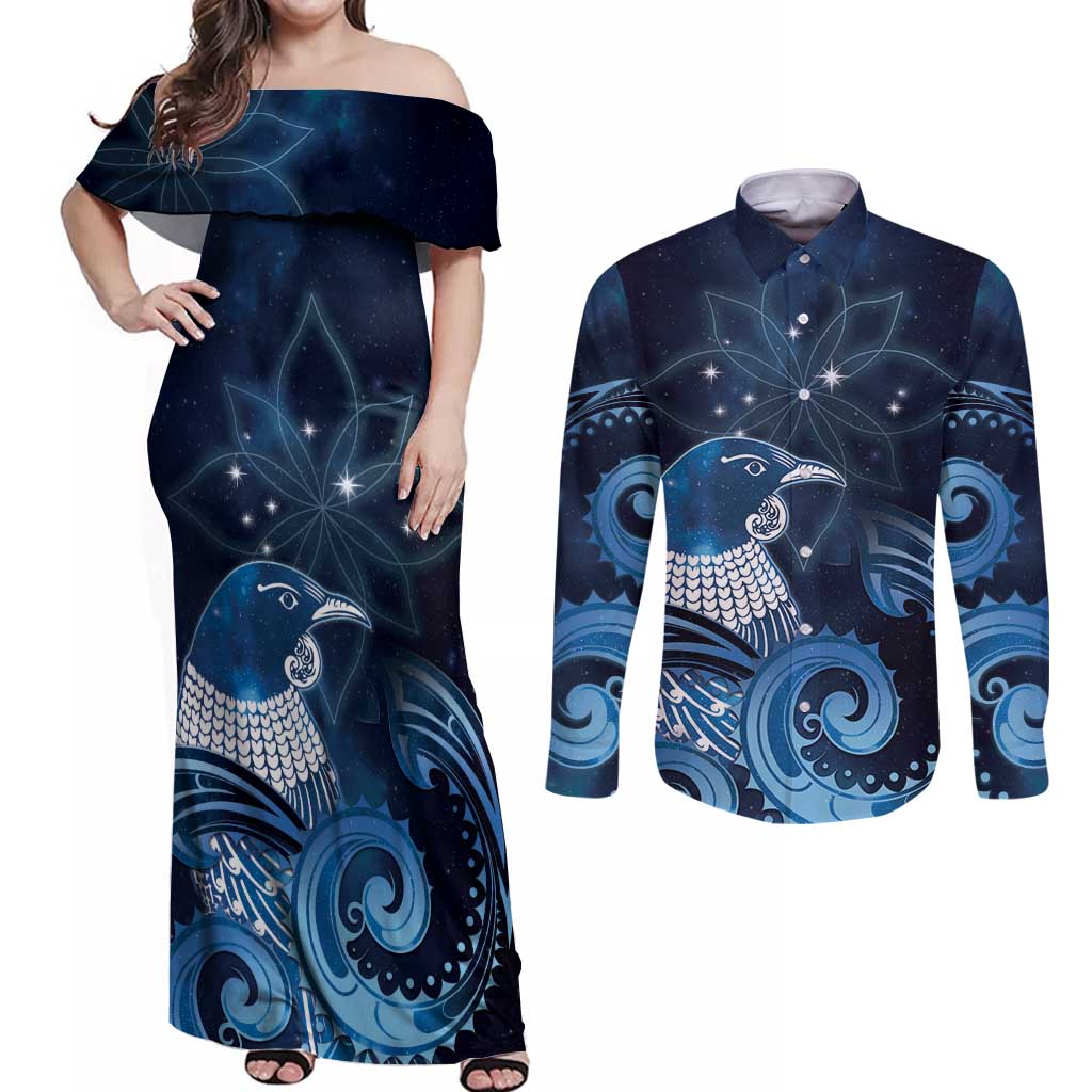 New Zealand Matariki Couples Matching Off Shoulder Maxi Dress and Long Sleeve Button Shirt Maori Tui Bird Blue Galaxy DT05 Blue - Polynesian Pride