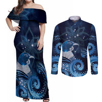 New Zealand Matariki Couples Matching Off Shoulder Maxi Dress and Long Sleeve Button Shirt Maori Tui Bird Blue Galaxy DT05 Blue - Polynesian Pride