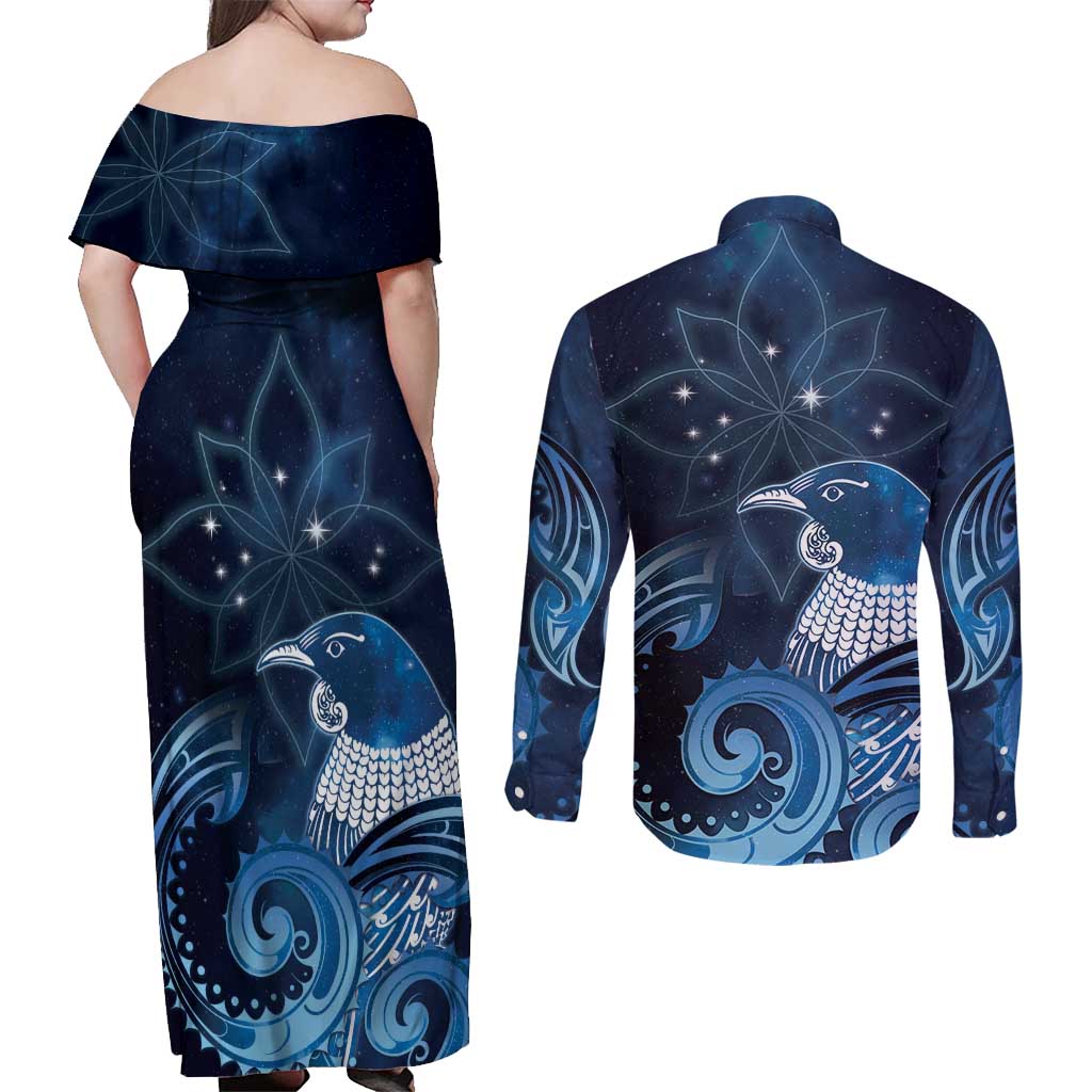 New Zealand Matariki Couples Matching Off Shoulder Maxi Dress and Long Sleeve Button Shirt Maori Tui Bird Blue Galaxy DT05 - Polynesian Pride