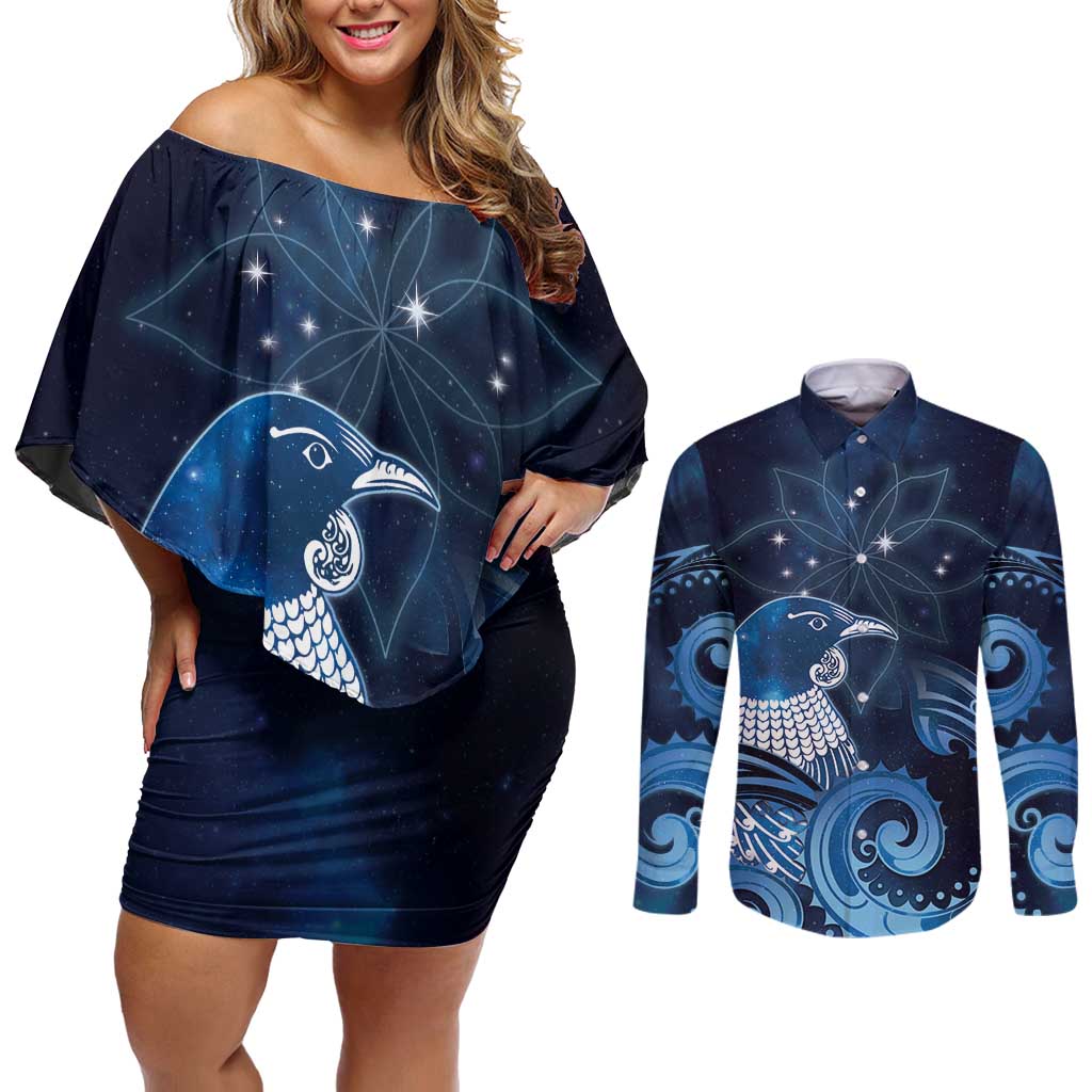 New Zealand Matariki Couples Matching Off Shoulder Short Dress and Long Sleeve Button Shirt Maori Tui Bird Blue Galaxy