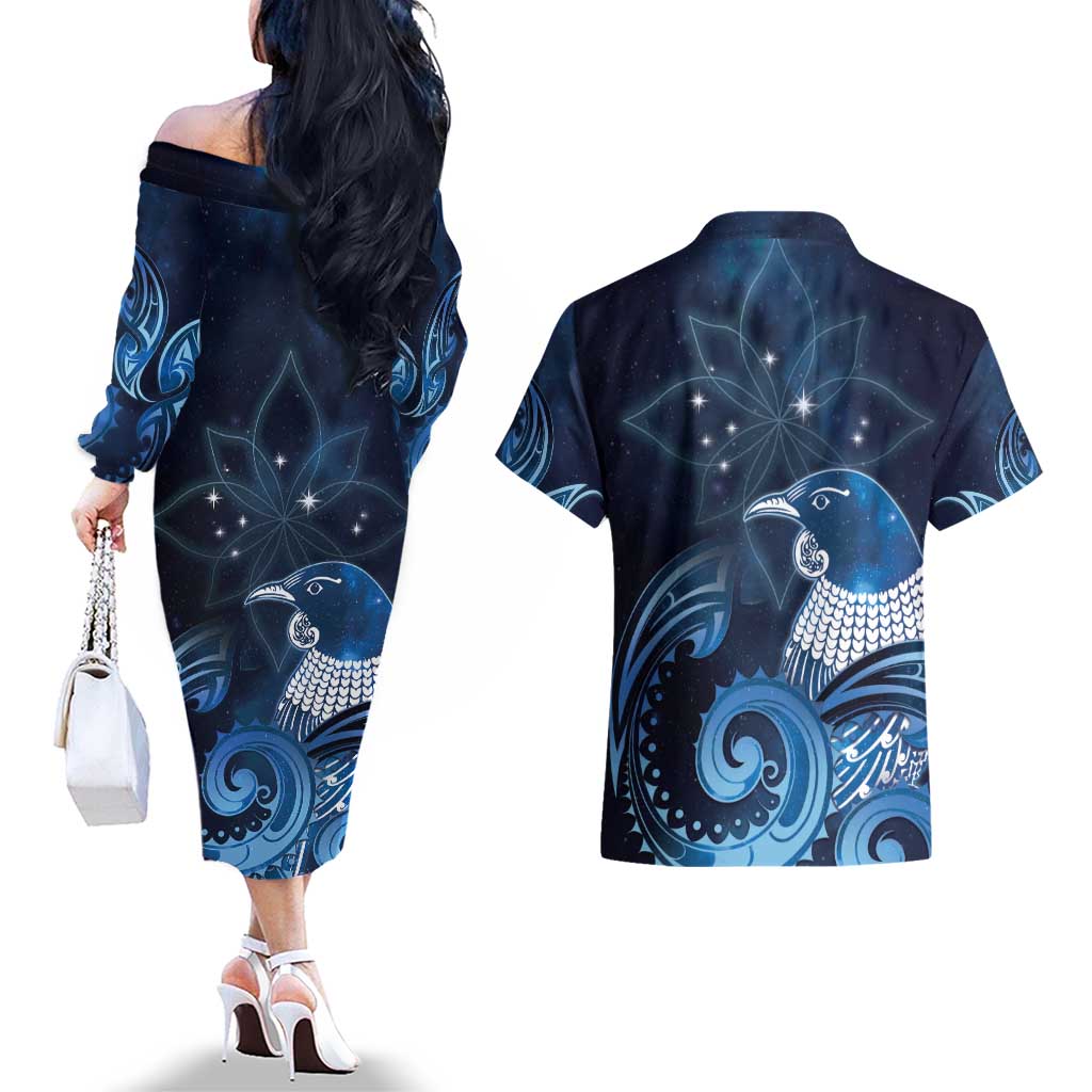 New Zealand Matariki Couples Matching Off The Shoulder Long Sleeve Dress and Hawaiian Shirt Maori Tui Bird Blue Galaxy