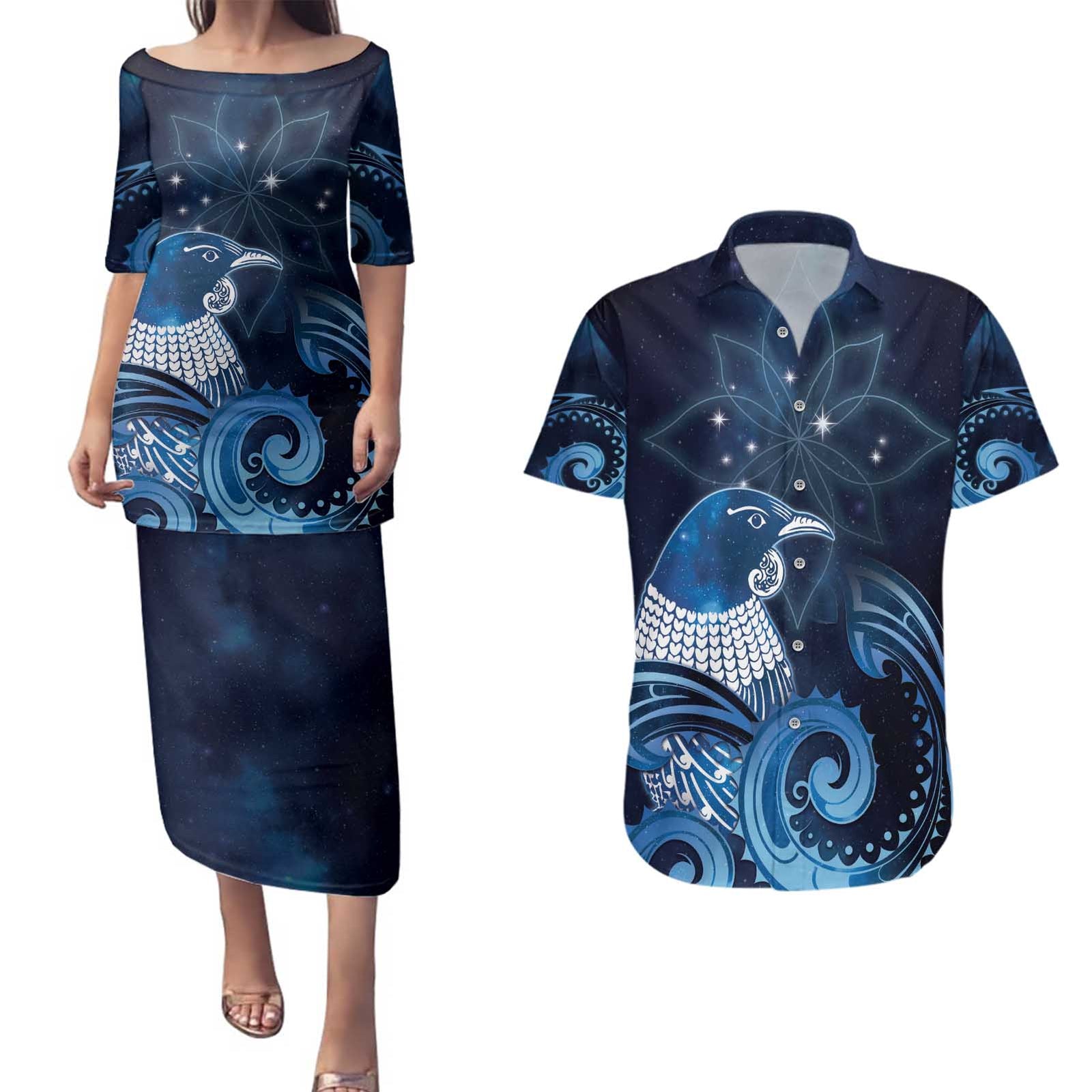 New Zealand Matariki Couples Matching Puletasi and Hawaiian Shirt Maori Tui Bird Blue Galaxy