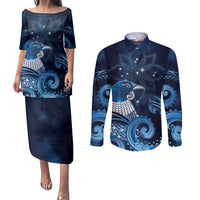 New Zealand Matariki Couples Matching Puletasi and Long Sleeve Button Shirt Maori Tui Bird Blue Galaxy DT05 Blue - Polynesian Pride