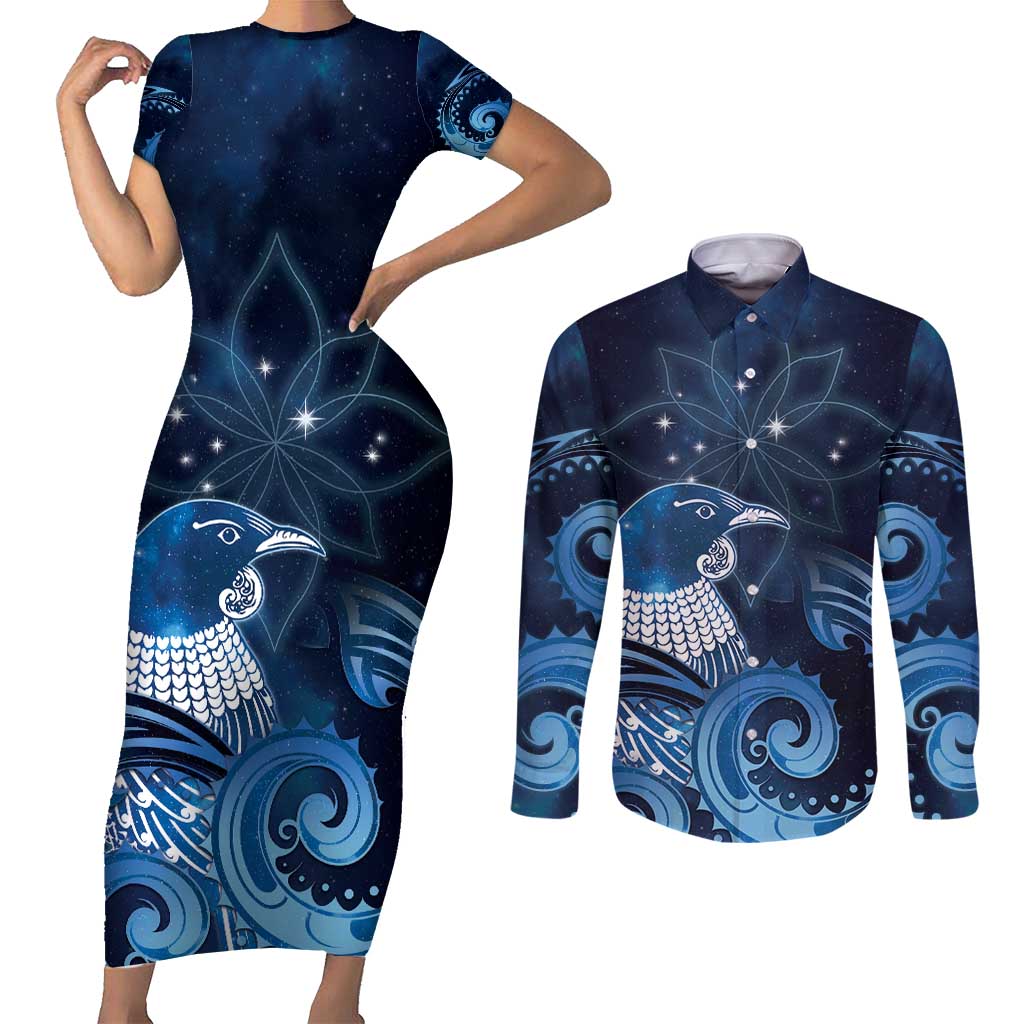 New Zealand Matariki Couples Matching Short Sleeve Bodycon Dress and Long Sleeve Button Shirt Maori Tui Bird Blue Galaxy