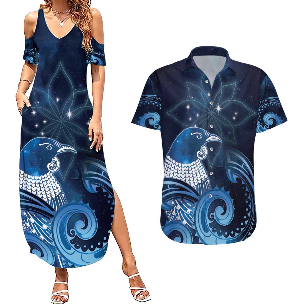 New Zealand Matariki Couples Matching Summer Maxi Dress and Hawaiian Shirt Maori Tui Bird Blue Galaxy