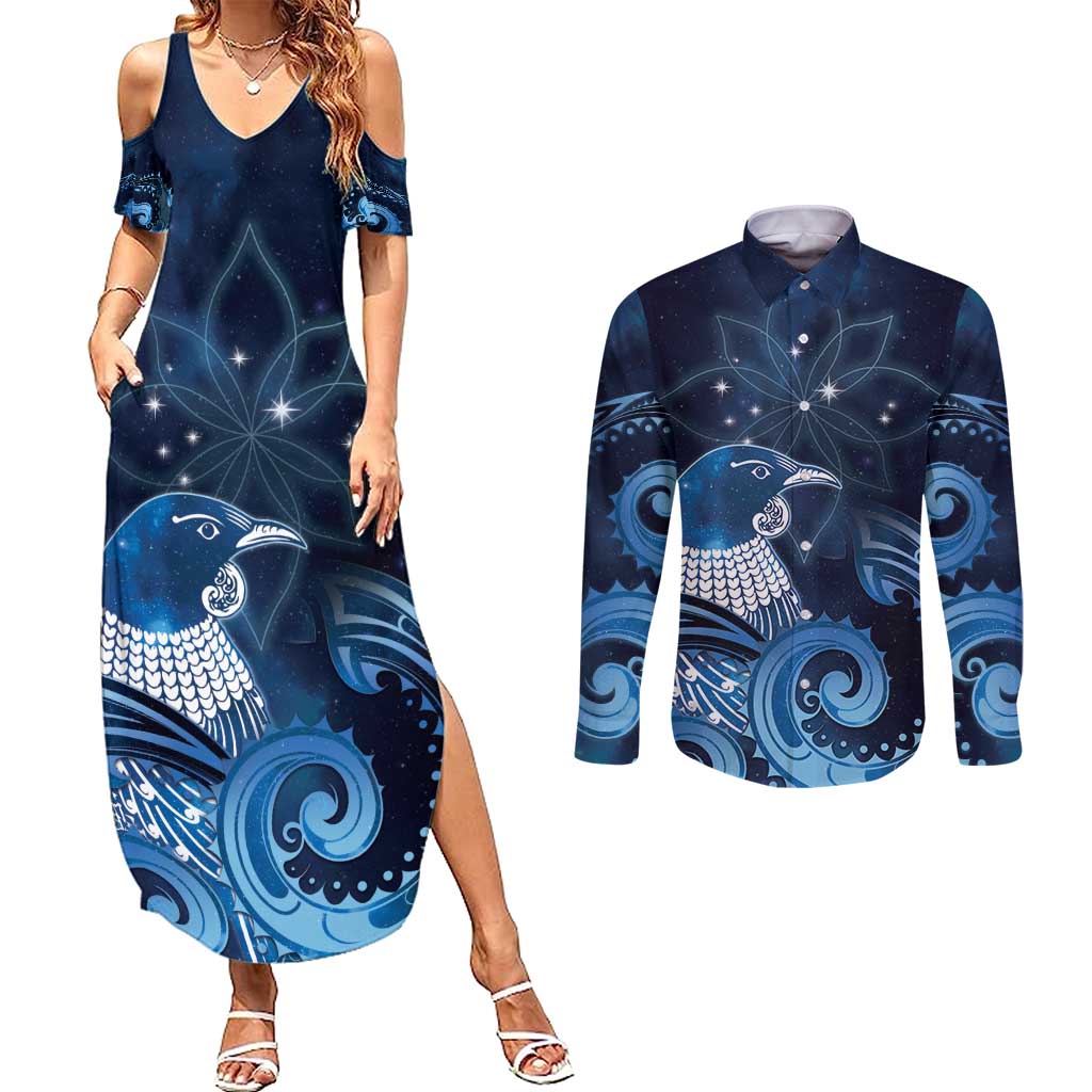 New Zealand Matariki Couples Matching Summer Maxi Dress and Long Sleeve Button Shirt Maori Tui Bird Blue Galaxy DT05 Blue - Polynesian Pride