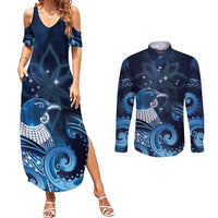 New Zealand Matariki Couples Matching Summer Maxi Dress and Long Sleeve Button Shirt Maori Tui Bird Blue Galaxy DT05 Blue - Polynesian Pride