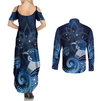 New Zealand Matariki Couples Matching Summer Maxi Dress and Long Sleeve Button Shirt Maori Tui Bird Blue Galaxy DT05 - Polynesian Pride