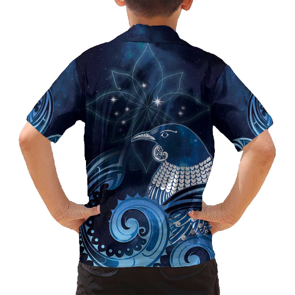 New Zealand Matariki Family Matching Long Sleeve Bodycon Dress and Hawaiian Shirt Maori Tui Bird Blue Galaxy DT05 - Polynesian Pride