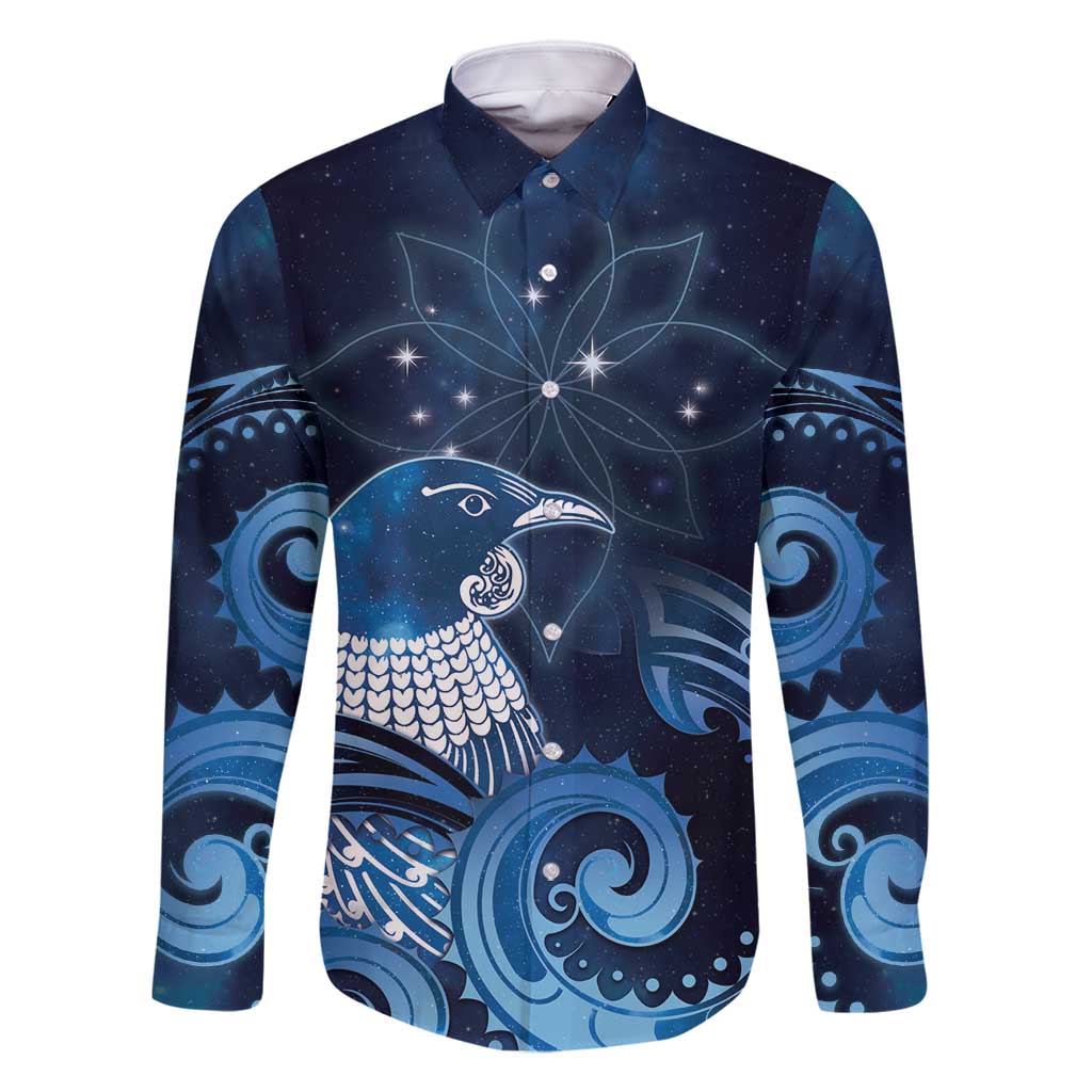 New Zealand Matariki Family Matching Long Sleeve Bodycon Dress and Hawaiian Shirt Maori Tui Bird Blue Galaxy DT05 Dad's Shirt - Long Sleeve Blue - Polynesian Pride