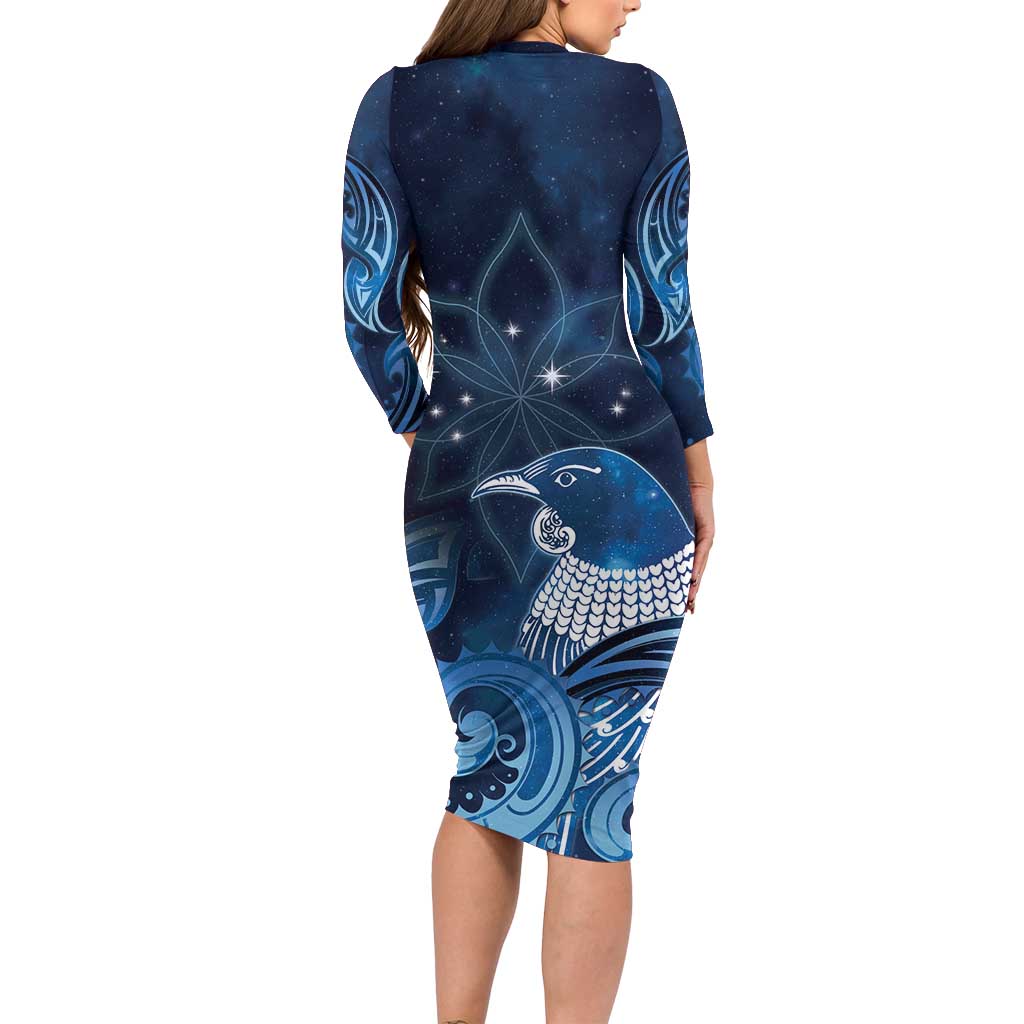 New Zealand Matariki Family Matching Long Sleeve Bodycon Dress and Hawaiian Shirt Maori Tui Bird Blue Galaxy DT05 - Polynesian Pride
