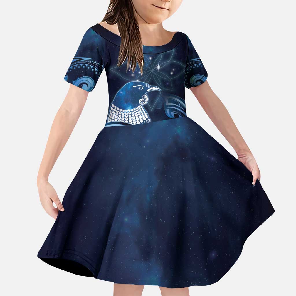 New Zealand Matariki Family Matching Mermaid Dress and Hawaiian Shirt Maori Tui Bird Blue Galaxy DT05 Daughter's Dress Blue - Polynesian Pride