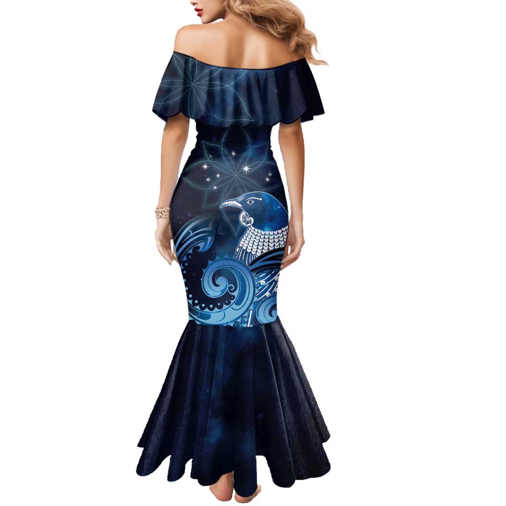 New Zealand Matariki Family Matching Mermaid Dress and Hawaiian Shirt Maori Tui Bird Blue Galaxy DT05 - Polynesian Pride