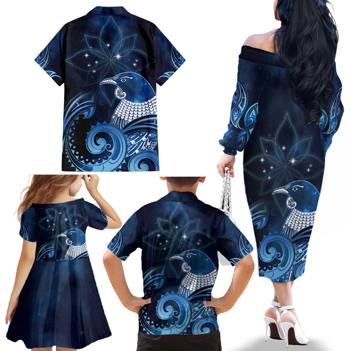 New Zealand Matariki Family Matching Off The Shoulder Long Sleeve Dress and Hawaiian Shirt Maori Tui Bird Blue Galaxy DT05 - Polynesian Pride