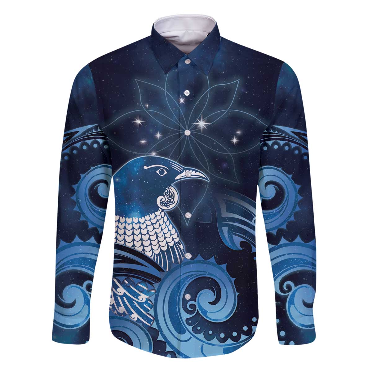 New Zealand Matariki Family Matching Off The Shoulder Long Sleeve Dress and Hawaiian Shirt Maori Tui Bird Blue Galaxy DT05 Dad's Shirt - Long Sleeve Blue - Polynesian Pride