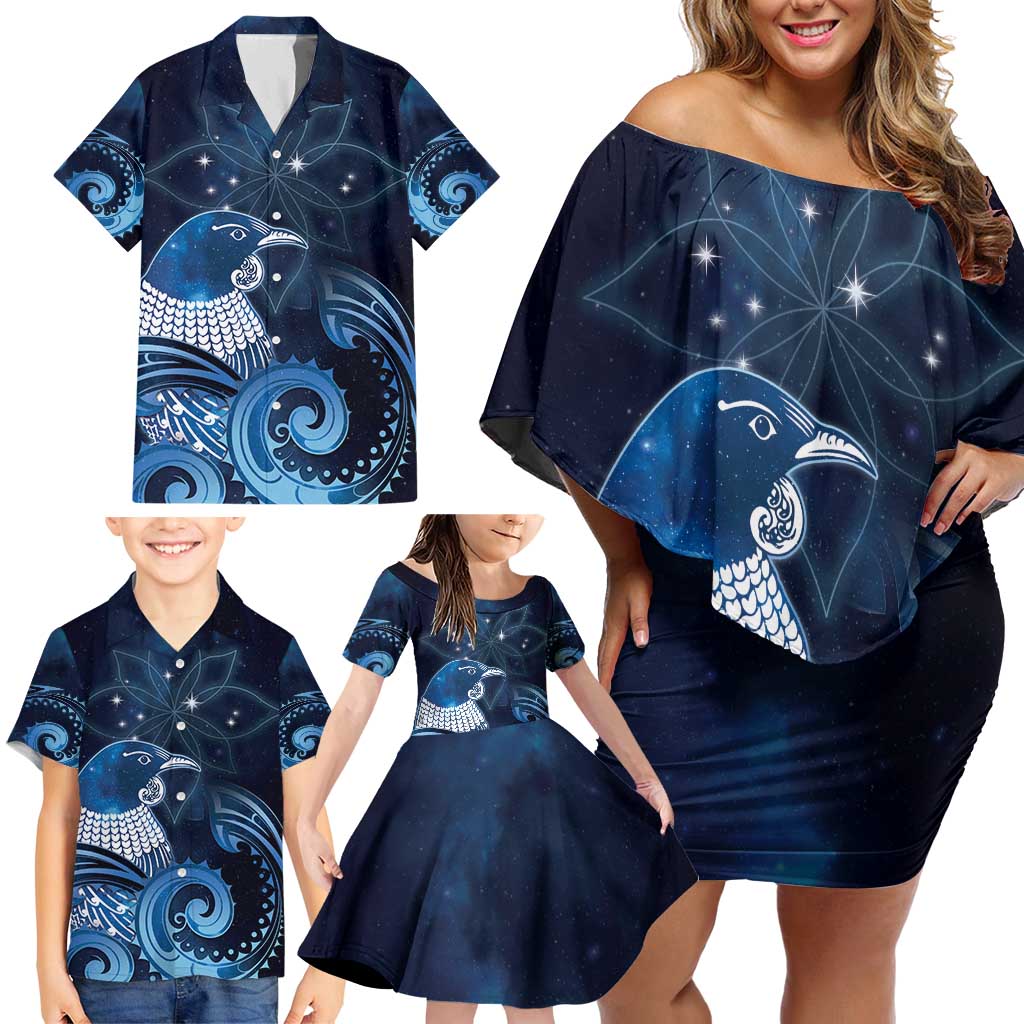 New Zealand Matariki Family Matching Off Shoulder Short Dress and Hawaiian Shirt Maori Tui Bird Blue Galaxy DT05 - Polynesian Pride