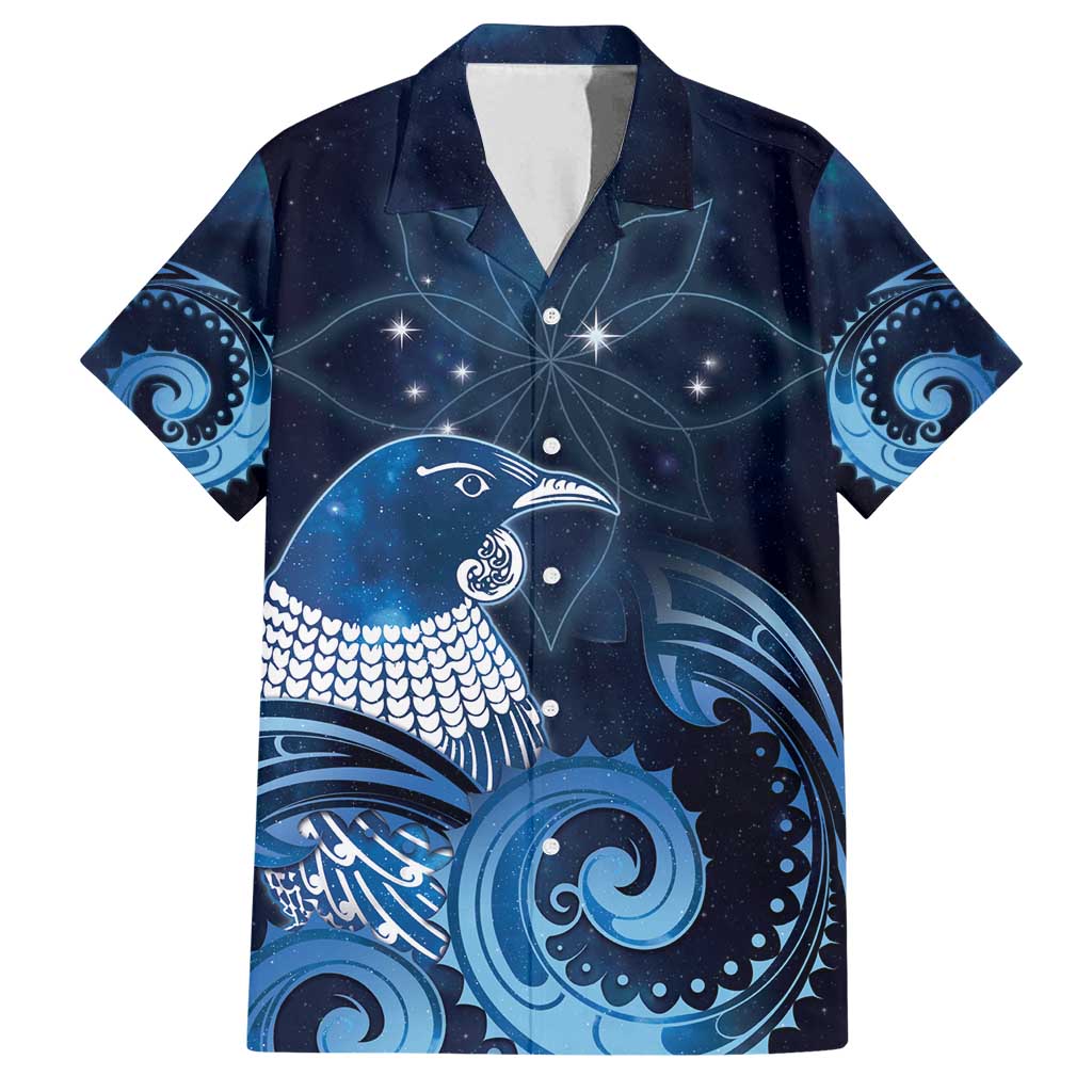 New Zealand Matariki Family Matching Off Shoulder Short Dress and Hawaiian Shirt Maori Tui Bird Blue Galaxy DT05 Dad's Shirt - Short Sleeve Blue - Polynesian Pride