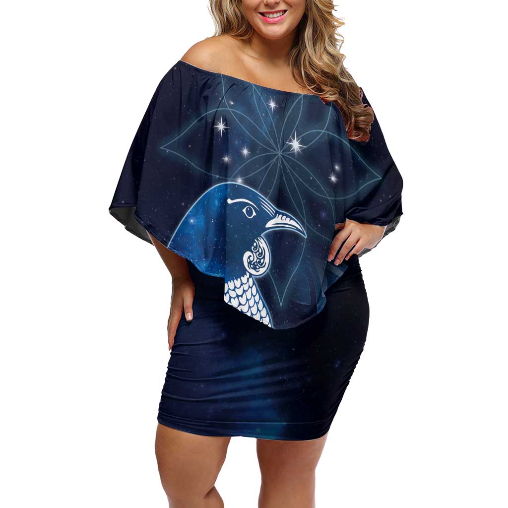 New Zealand Matariki Family Matching Off Shoulder Short Dress and Hawaiian Shirt Maori Tui Bird Blue Galaxy DT05 Mom's Dress Blue - Polynesian Pride