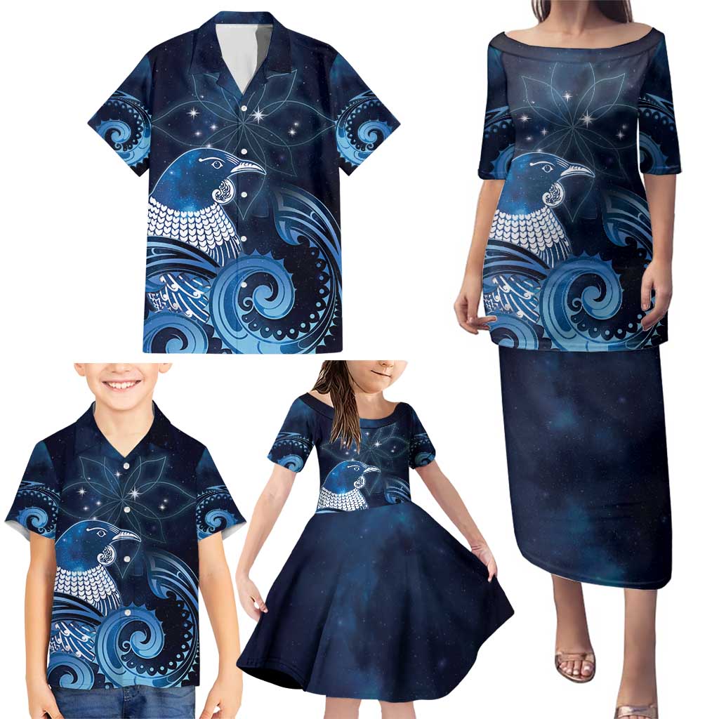 New Zealand Matariki Family Matching Puletasi and Hawaiian Shirt Maori Tui Bird Blue Galaxy