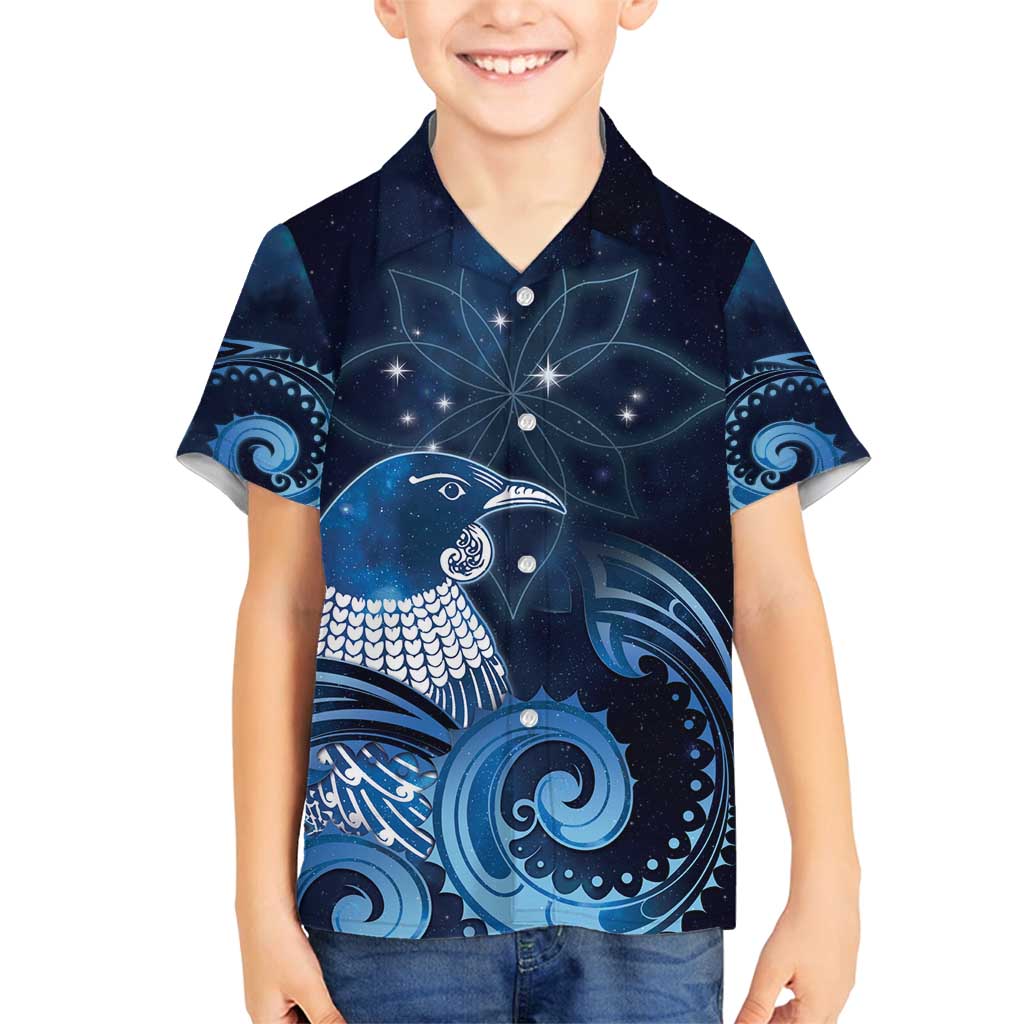 New Zealand Matariki Family Matching Puletasi and Hawaiian Shirt Maori Tui Bird Blue Galaxy
