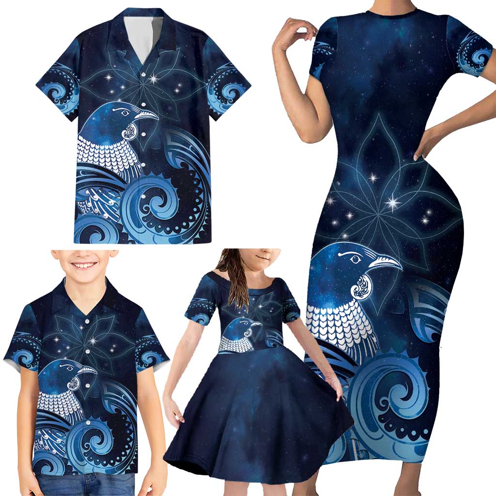 New Zealand Matariki Family Matching Short Sleeve Bodycon Dress and Hawaiian Shirt Maori Tui Bird Blue Galaxy DT05 - Polynesian Pride