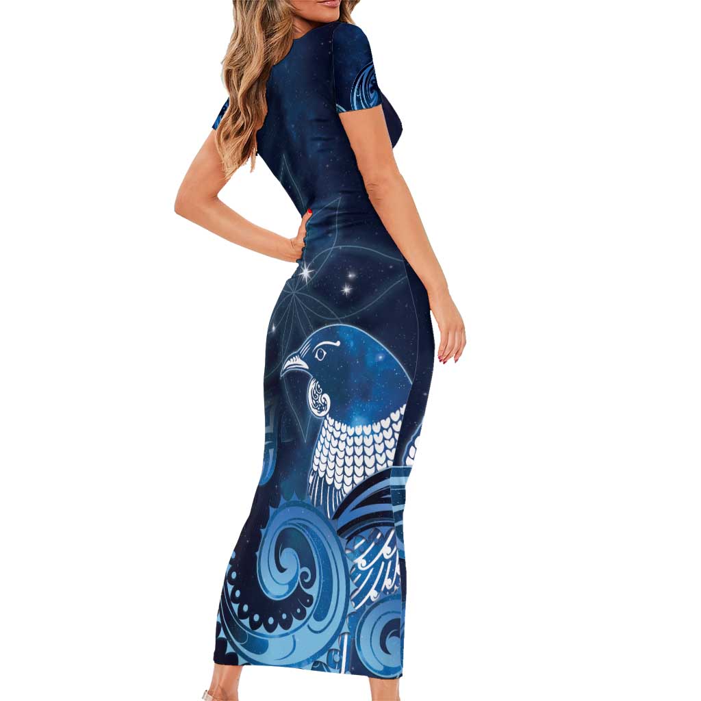 New Zealand Matariki Family Matching Short Sleeve Bodycon Dress and Hawaiian Shirt Maori Tui Bird Blue Galaxy DT05 - Polynesian Pride