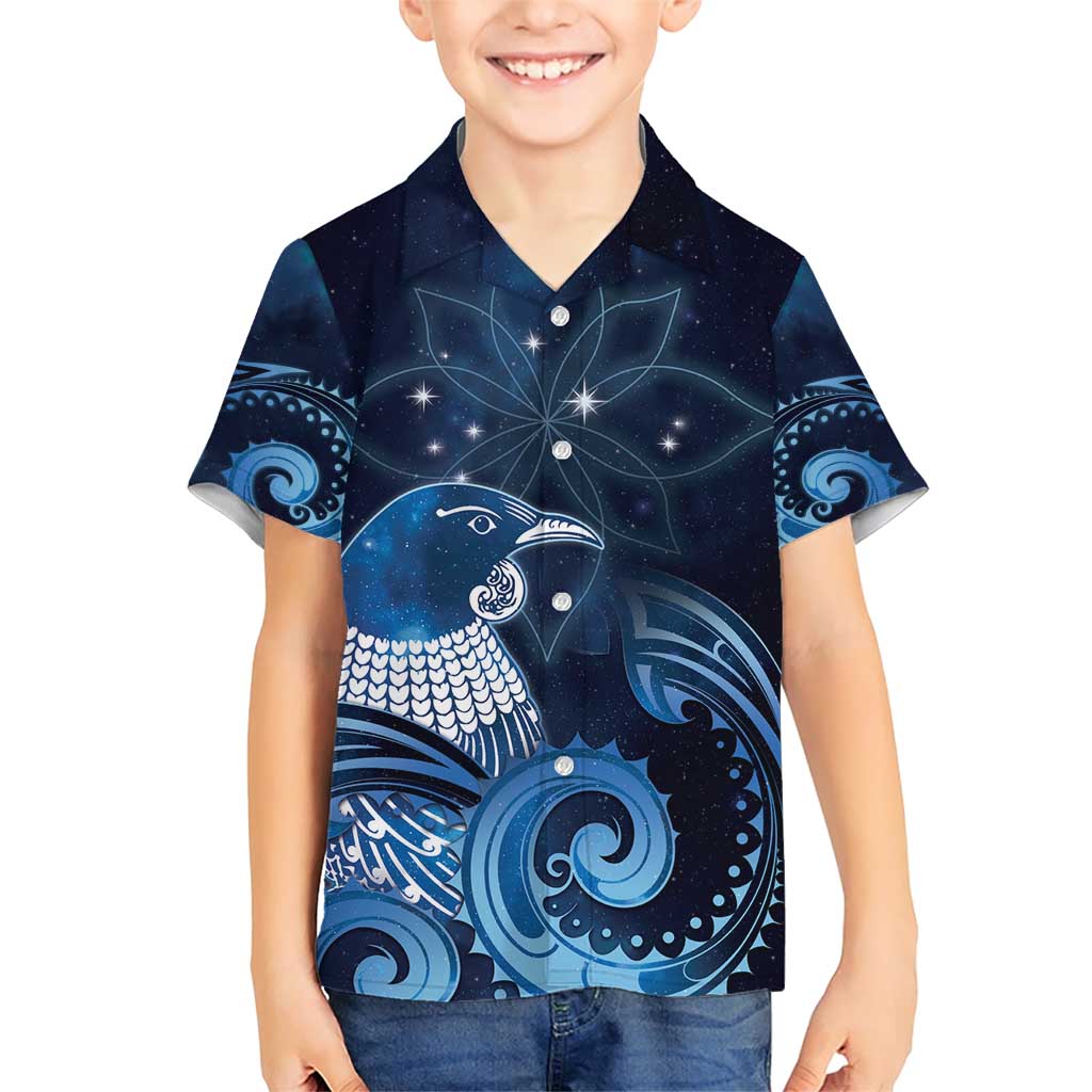 New Zealand Matariki Family Matching Short Sleeve Bodycon Dress and Hawaiian Shirt Maori Tui Bird Blue Galaxy DT05 Son's Shirt Blue - Polynesian Pride