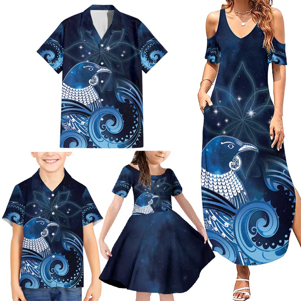 New Zealand Matariki Family Matching Summer Maxi Dress and Hawaiian Shirt Maori Tui Bird Blue Galaxy