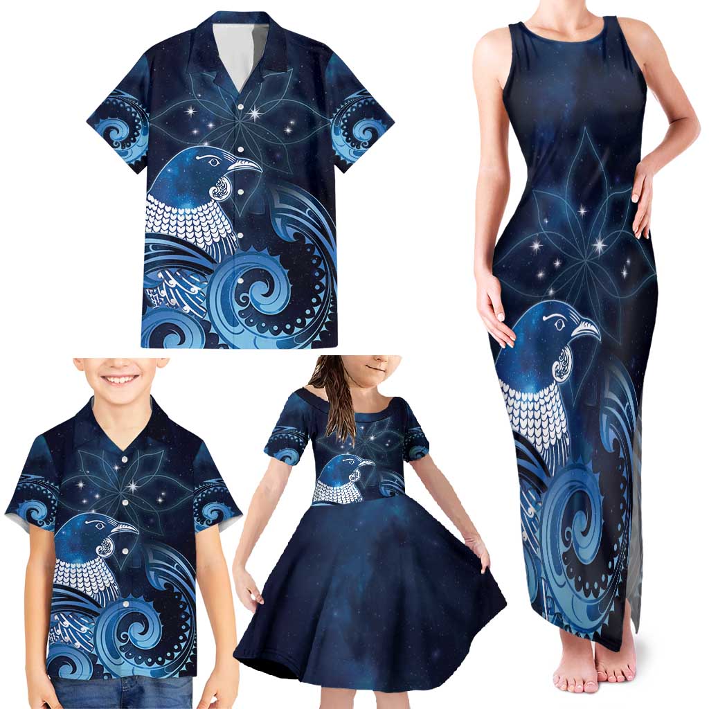 New Zealand Matariki Family Matching Tank Maxi Dress and Hawaiian Shirt Maori Tui Bird Blue Galaxy