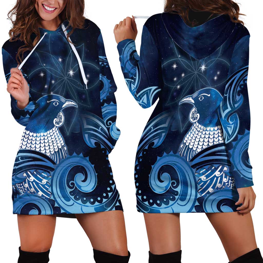 New Zealand Matariki Hoodie Dress Maori Tui Bird Blue Galaxy DT05 - Polynesian Pride