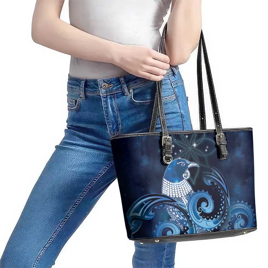 New Zealand Matariki Leather Tote Bag Maori Tui Bird Blue Galaxy