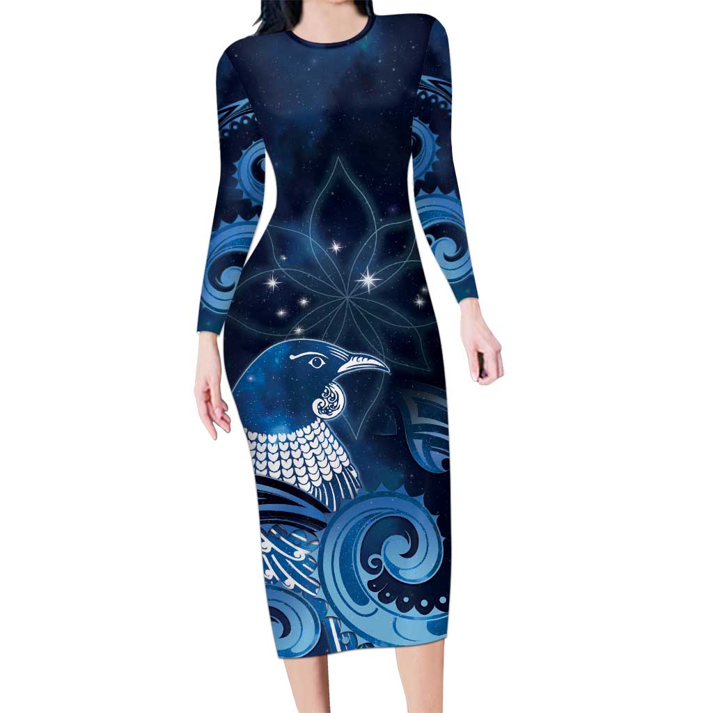 New Zealand Matariki Long Sleeve Bodycon Dress Maori Tui Bird Blue Galaxy