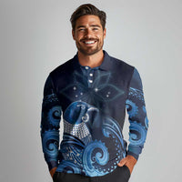 New Zealand Matariki Long Sleeve Polo Shirt Maori Tui Bird Blue Galaxy