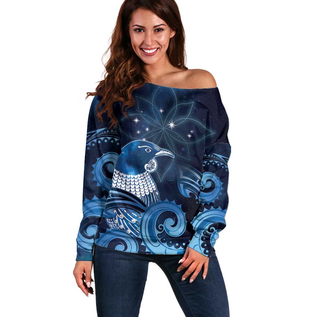New Zealand Matariki Off Shoulder Sweater Maori Tui Bird Blue Galaxy