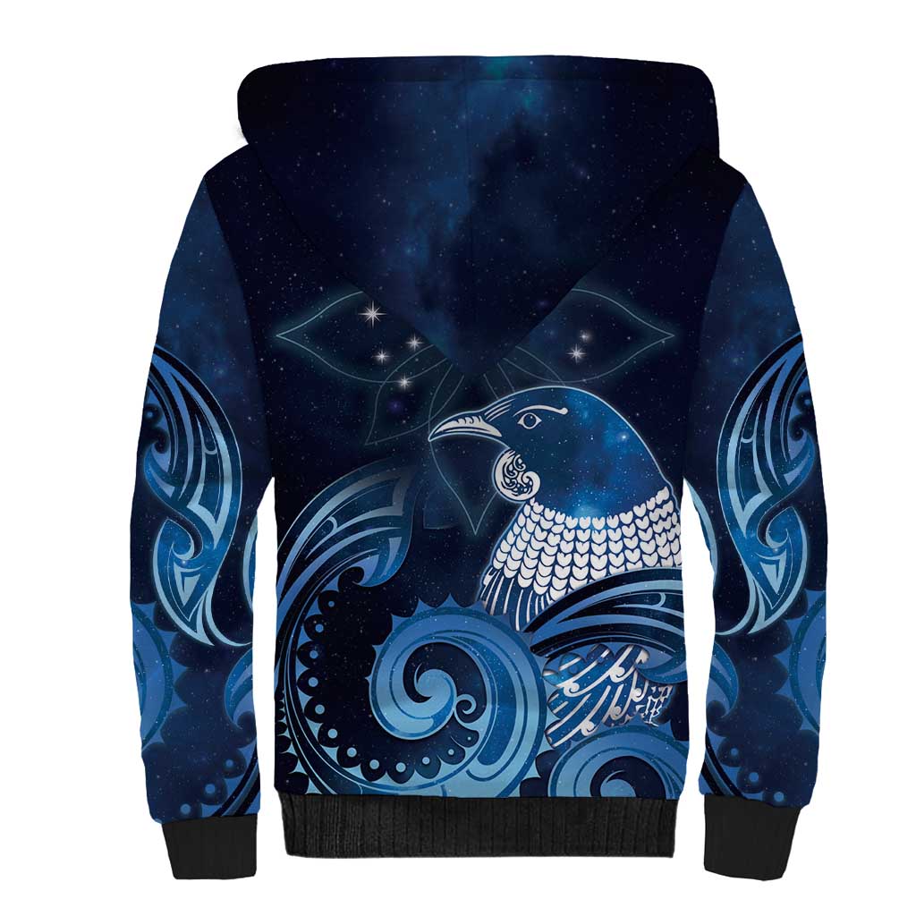 New Zealand Matariki Sherpa Hoodie Maori Tui Bird Blue Galaxy DT05 - Polynesian Pride